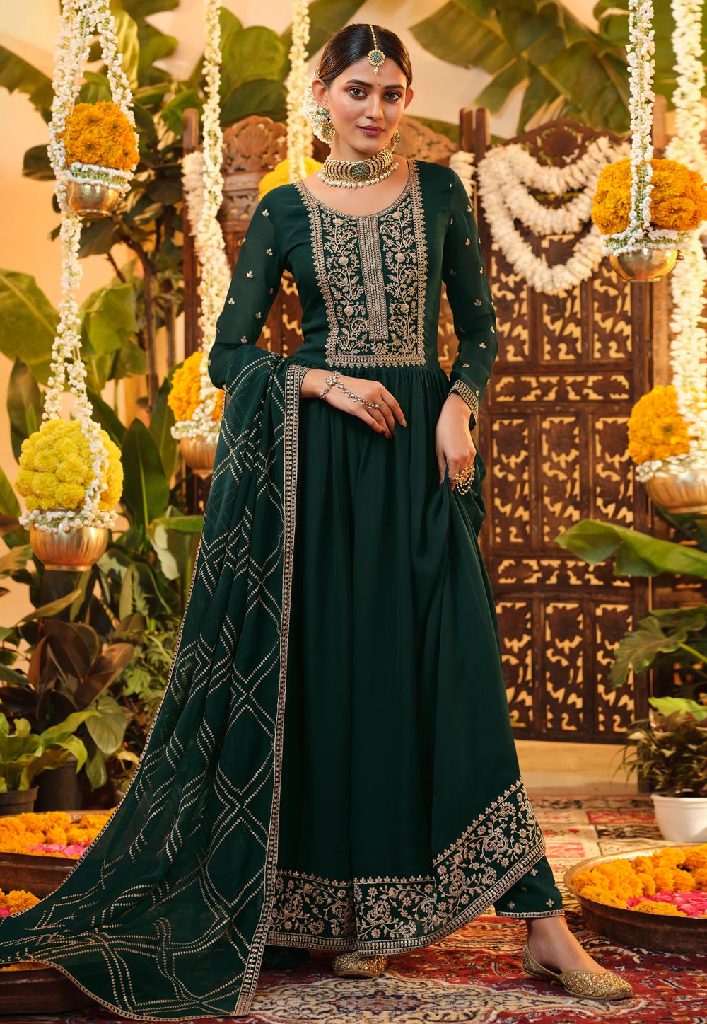 Green Georgette Pant Style Suit 239504