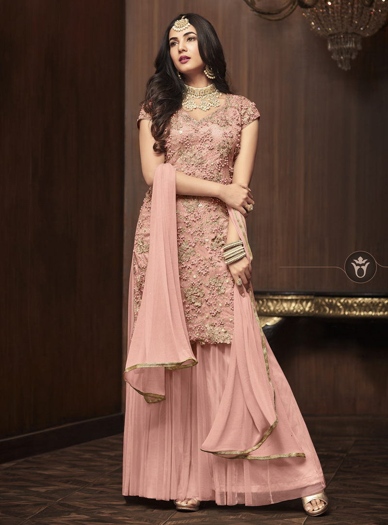 Sonal Chauhan Peach Net Sharara Style Suit 143194