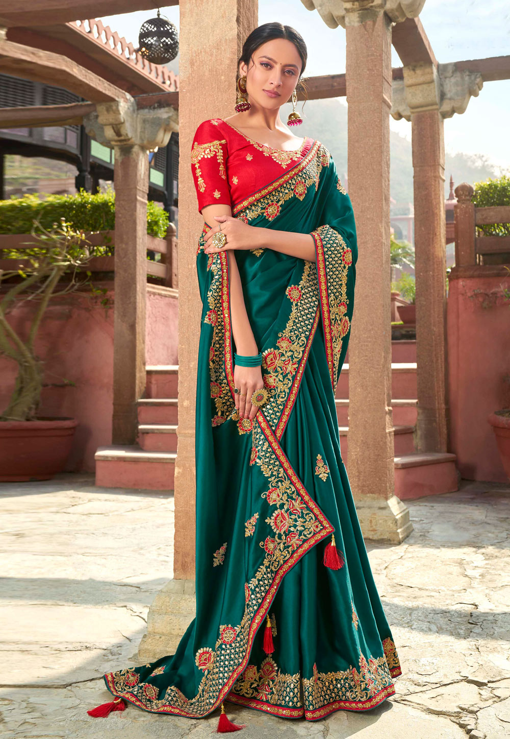 Teal Satin Georgette Saree With Blouse 211980