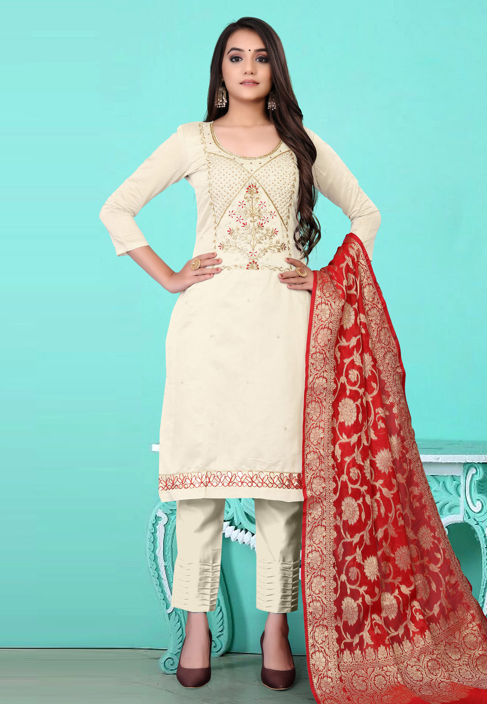Off White Chanderi Pant Style Suit 229792
