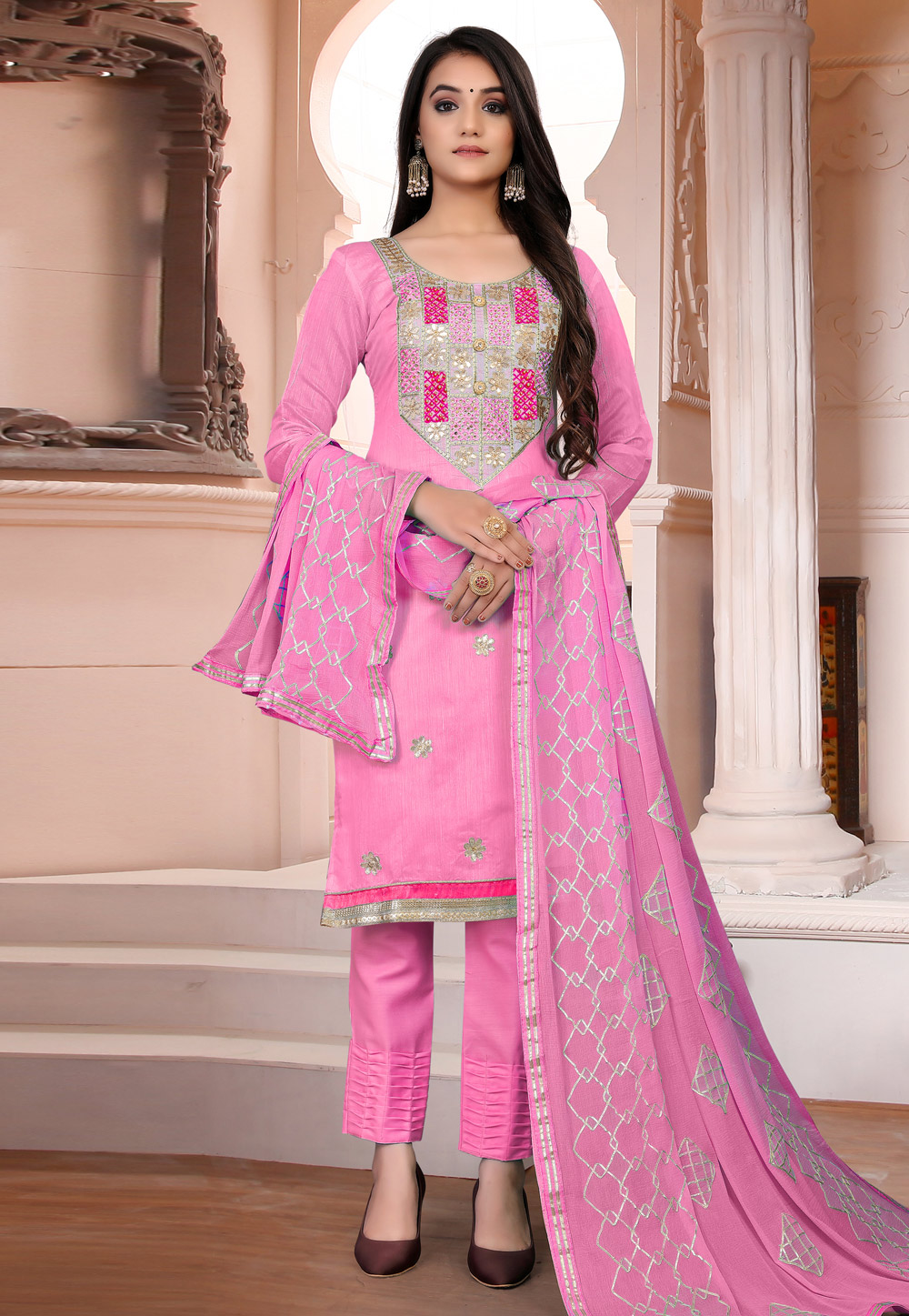 Pink Chanderi Pant Style Suit 229809