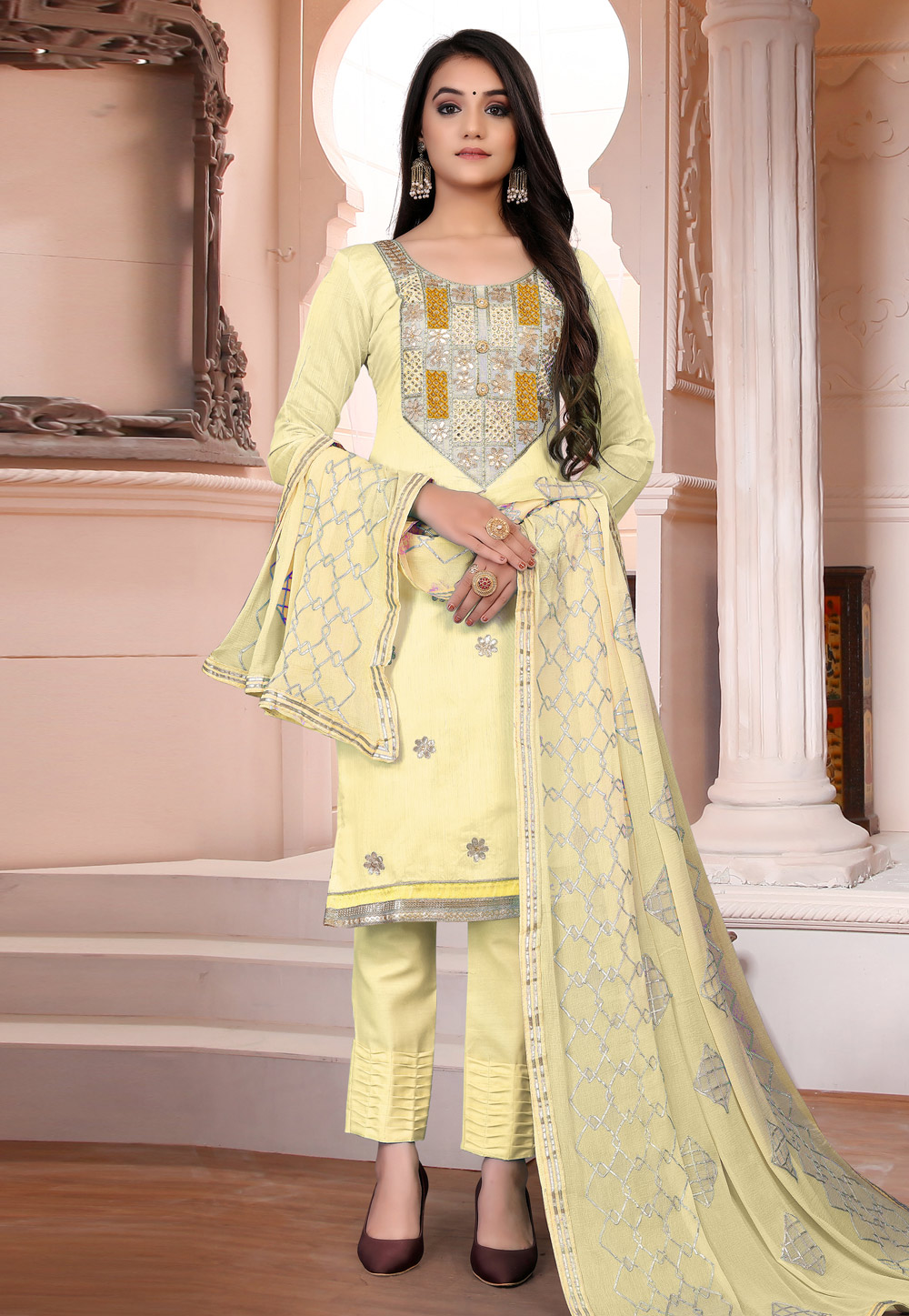 Yellow Chanderi Pant Style Suit 229811