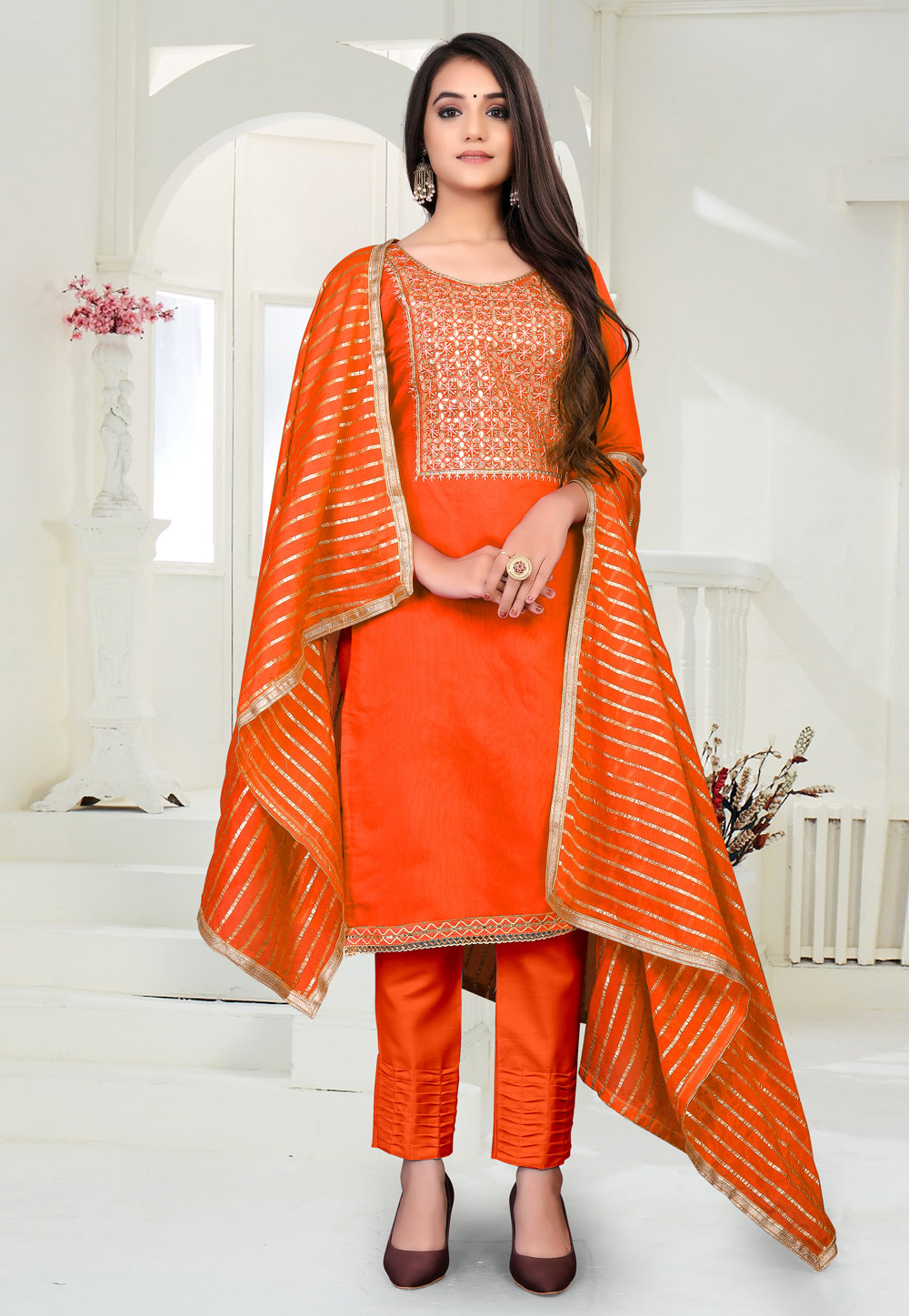Orange Chanderi Kameez With Pant 230598
