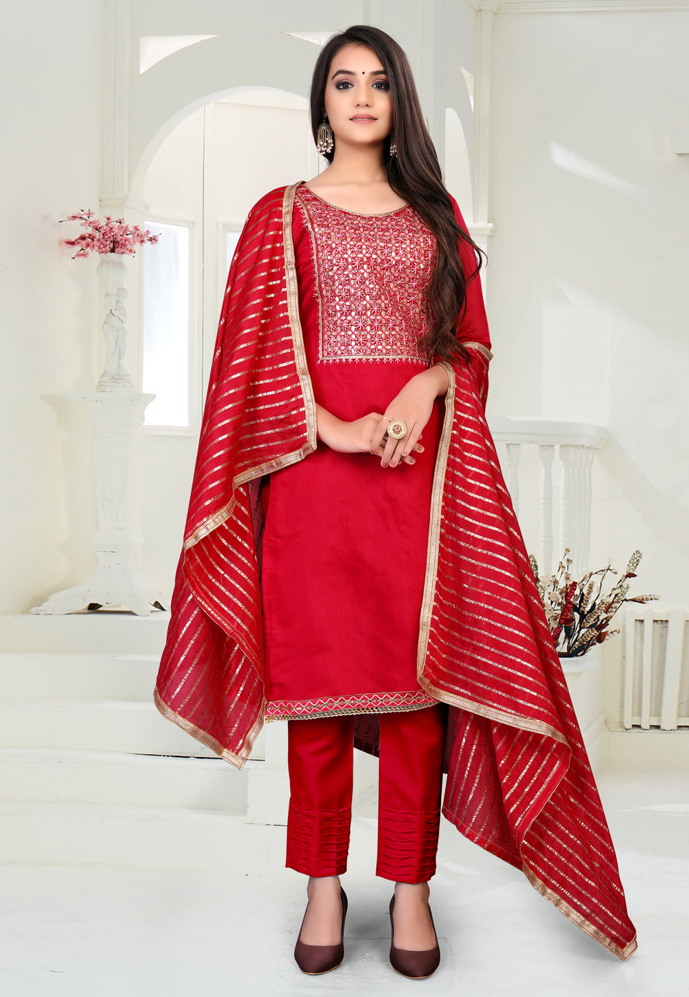 Red Chanderi Kameez With Pant 230600