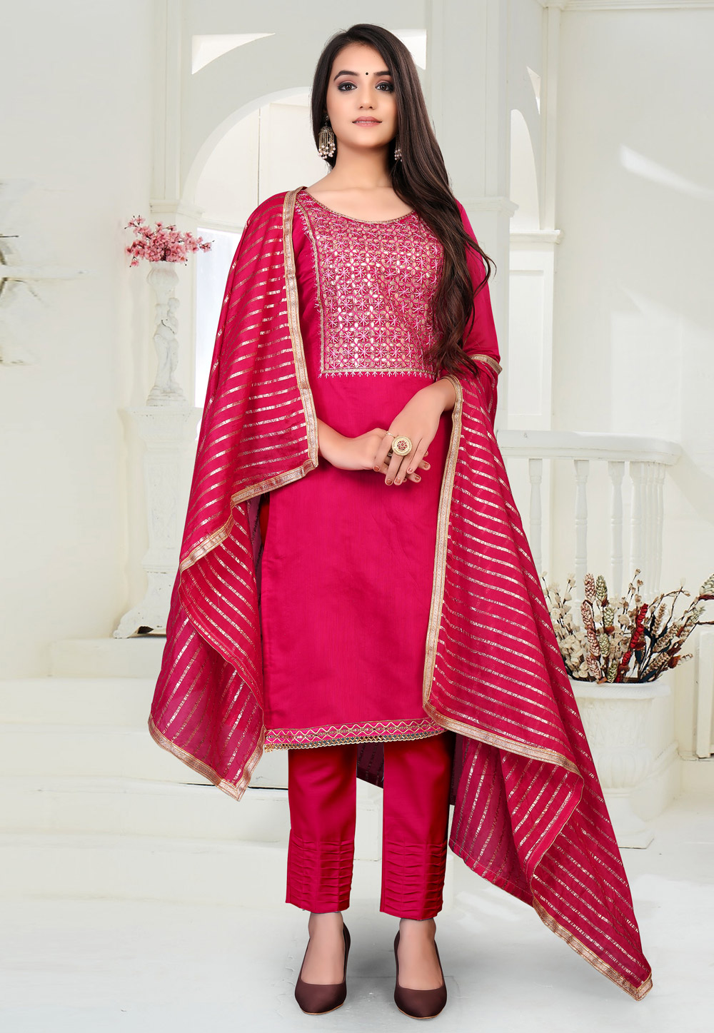 Pink Chanderi Pant Style Suit 229813