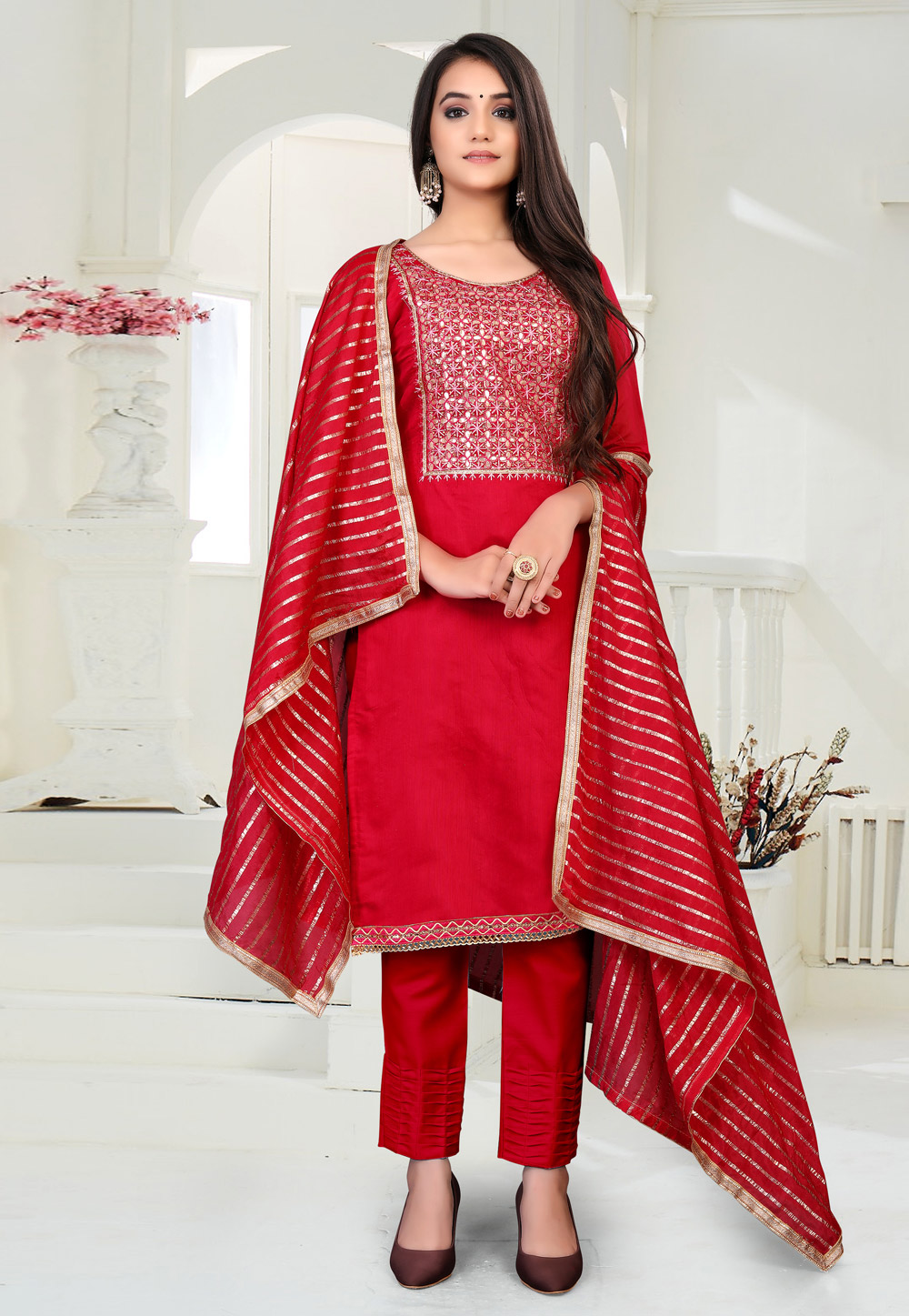 Red Chanderi Kameez With Pant 229816