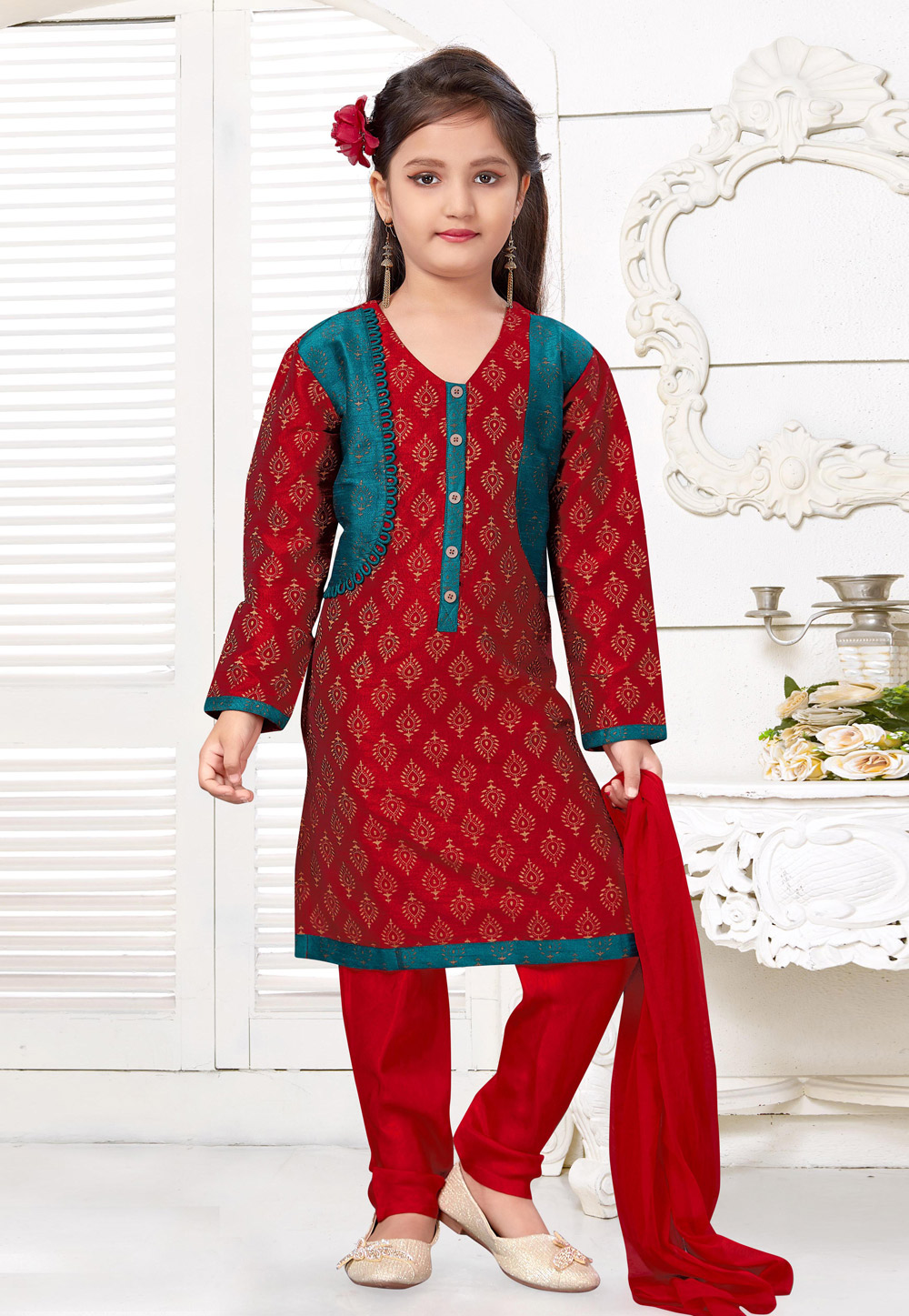 Maroon Art Silk Kids Salwar Suit 216797
