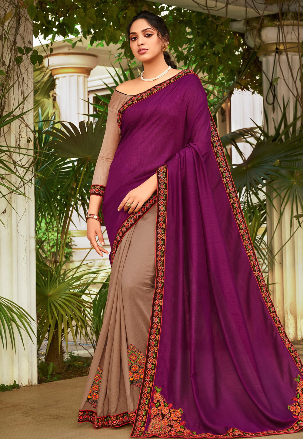 Purple Chanderi Silk Half N Half Saree 216769