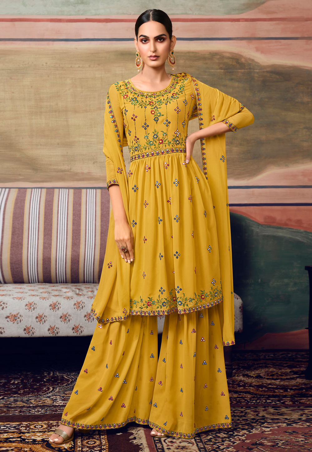 Yellow Georgette Sharara Suit 241959
