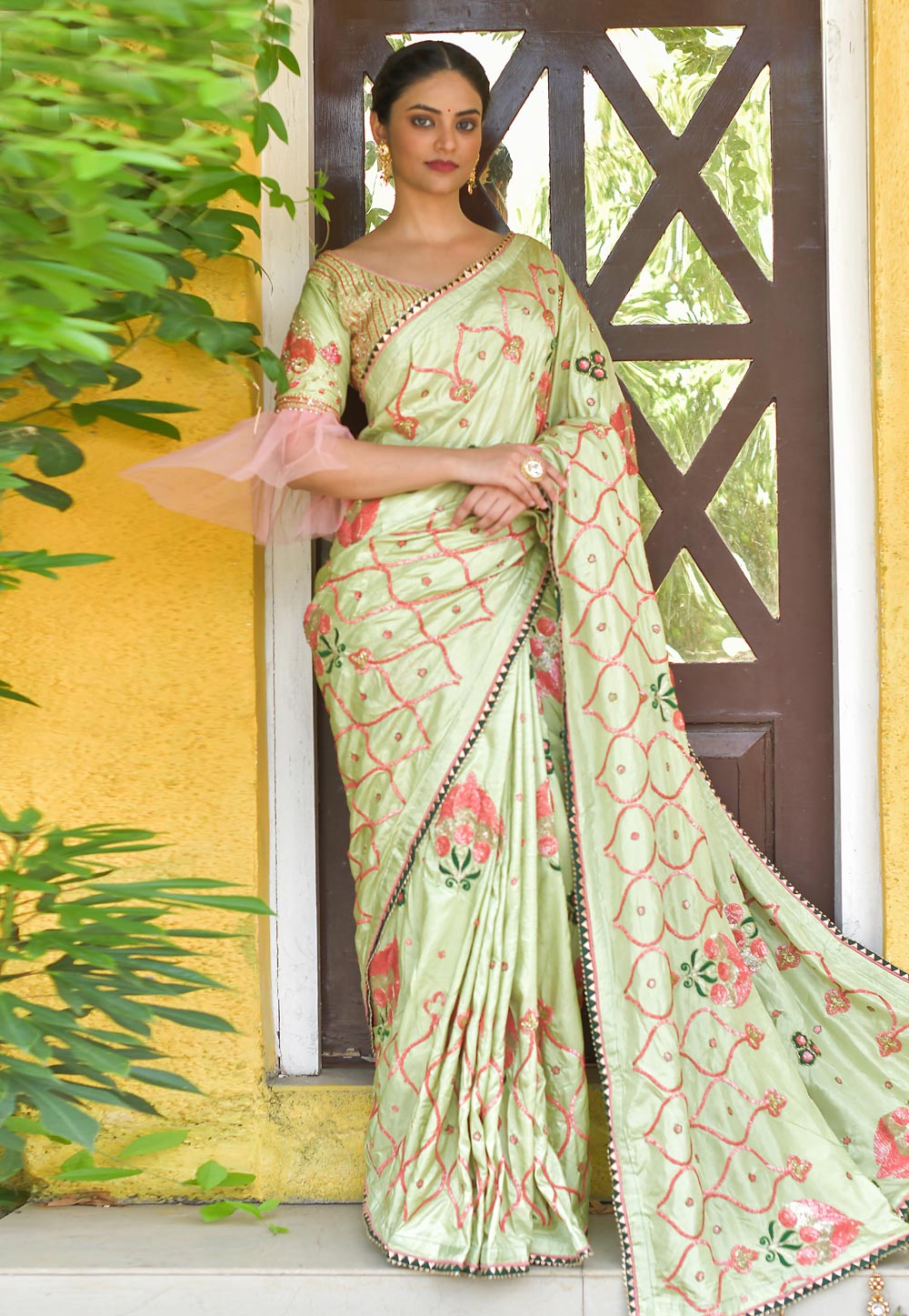 Pista Green Silk Saree With Frill Sleeve 228029