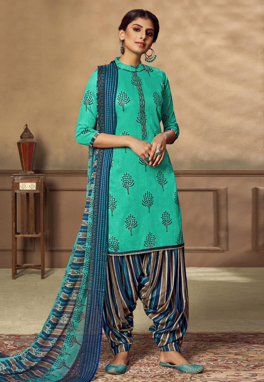 Turquoise Cotton Punjabi Suit 216761