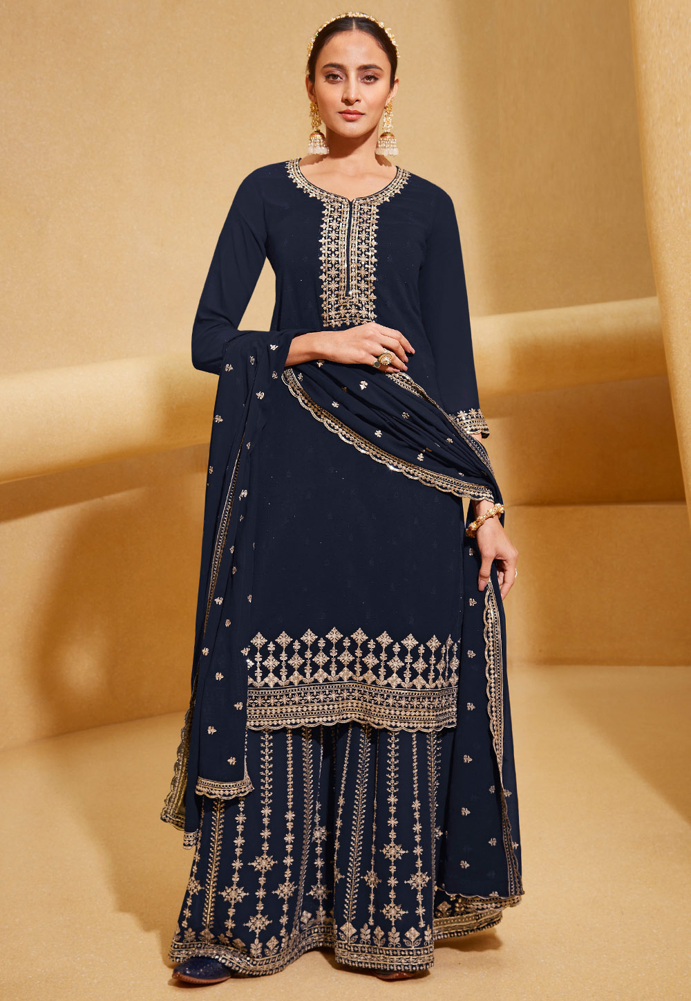 Navy Blue Georgette Palazzo Suit 243126