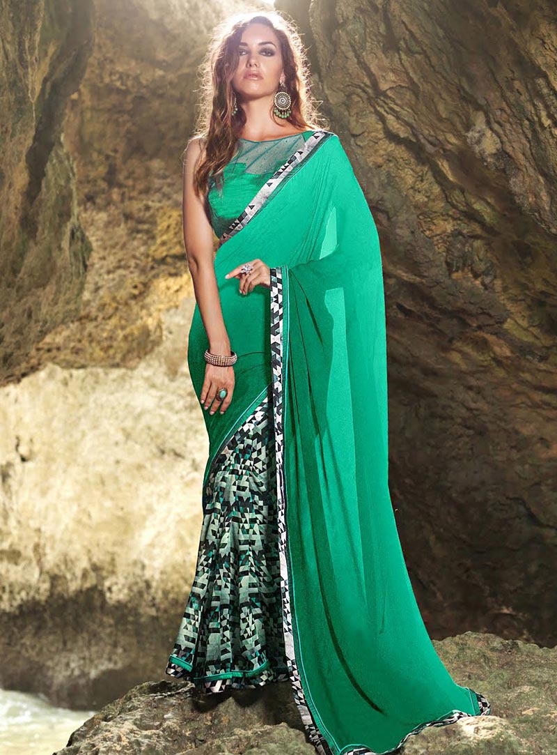 Green Georgette Printed Saree With Blouse 71080