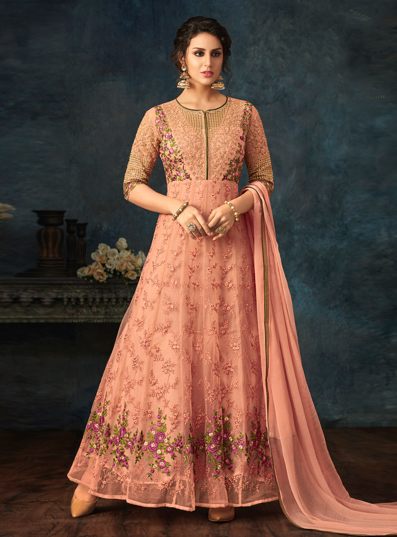 Peach Net Abaya Style Anarkali Suit 146971