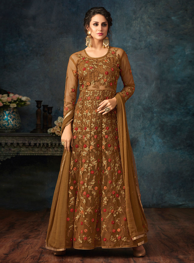 Brown Net Abaya Style Anarkali Suit 146972