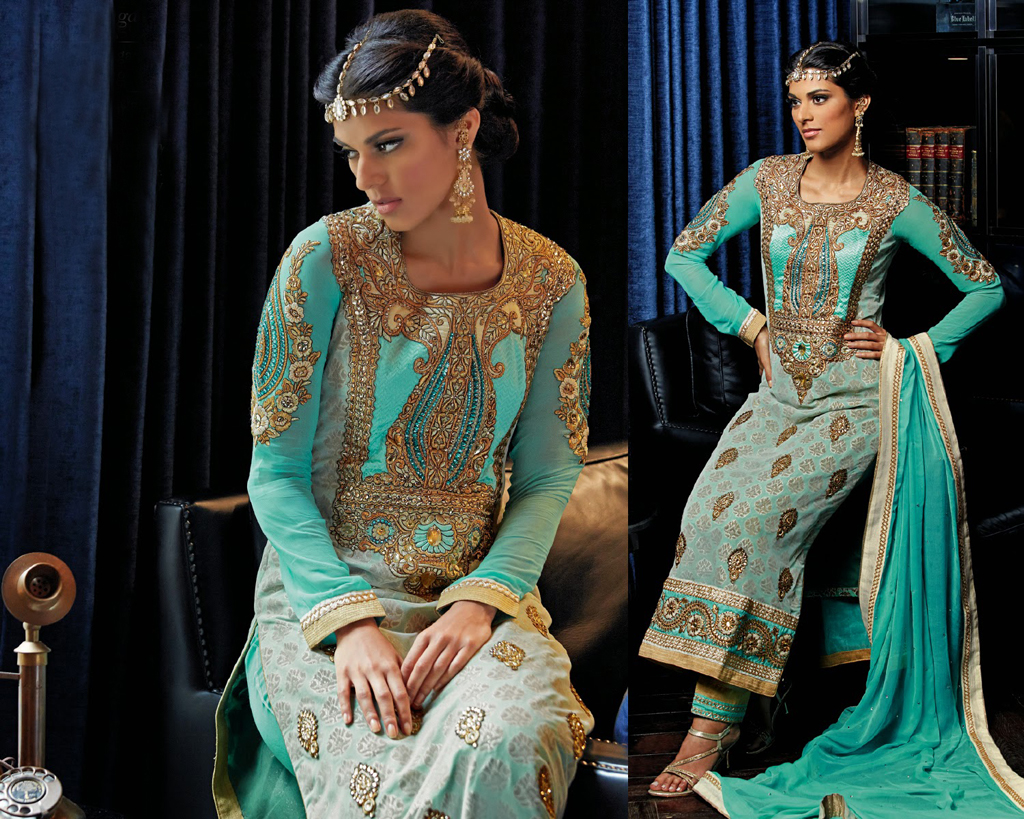 Aqua Banarasi Silk Pakistani Style Suit 48569