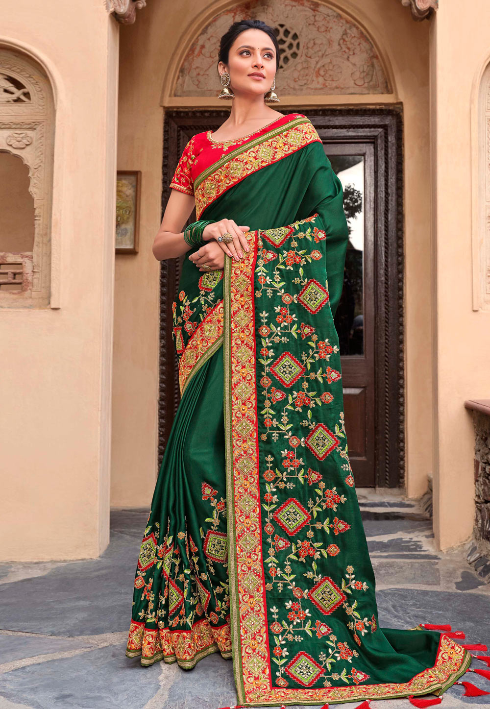 Green Satin Georgette Saree With Blouse 211982
