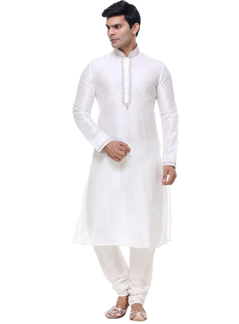 White Silk Readymade Kurta Pajama 92922