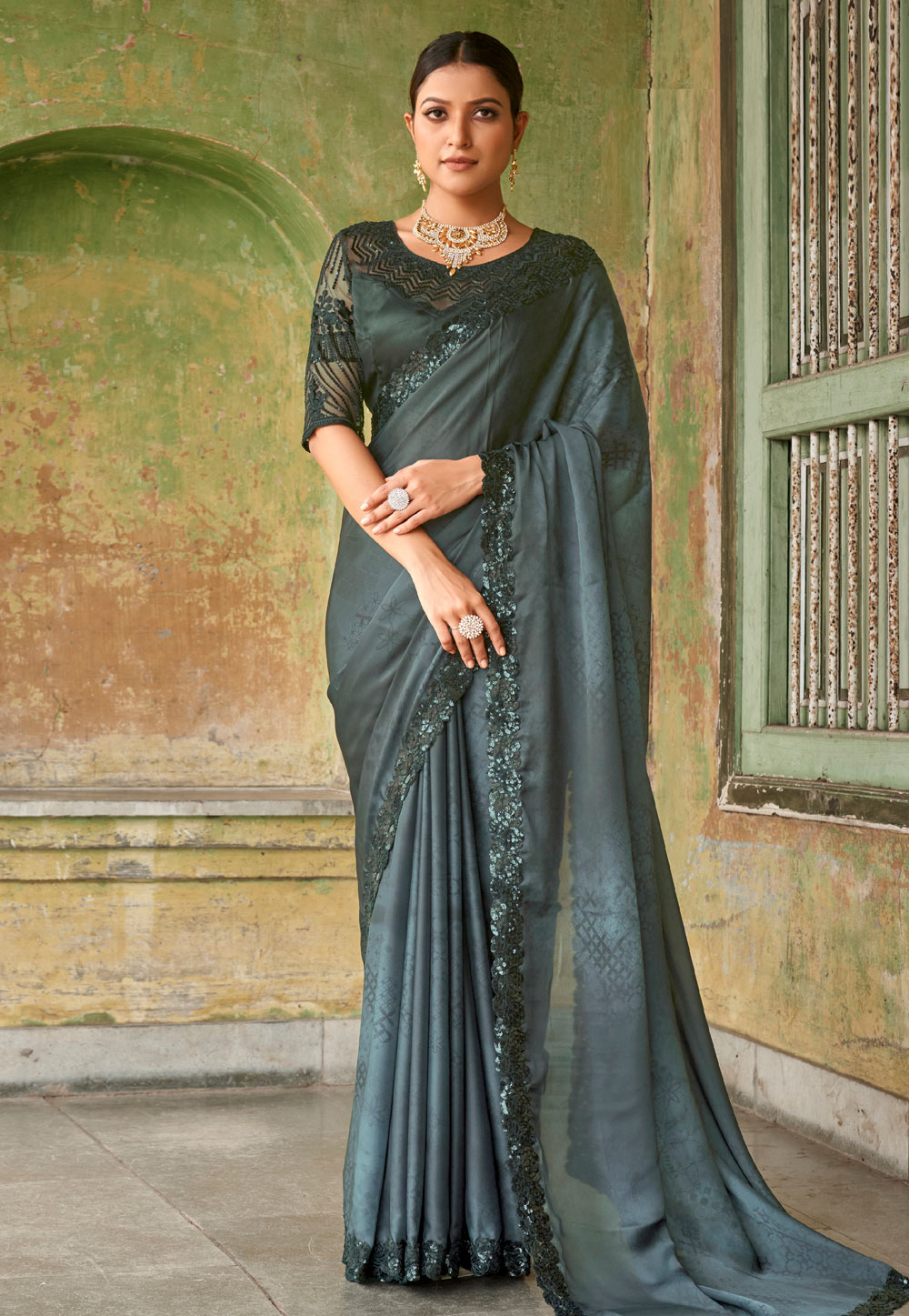 Grey nude drape sari and blouse | Bridal lehenga red, Embellished blouse, Satin  saree