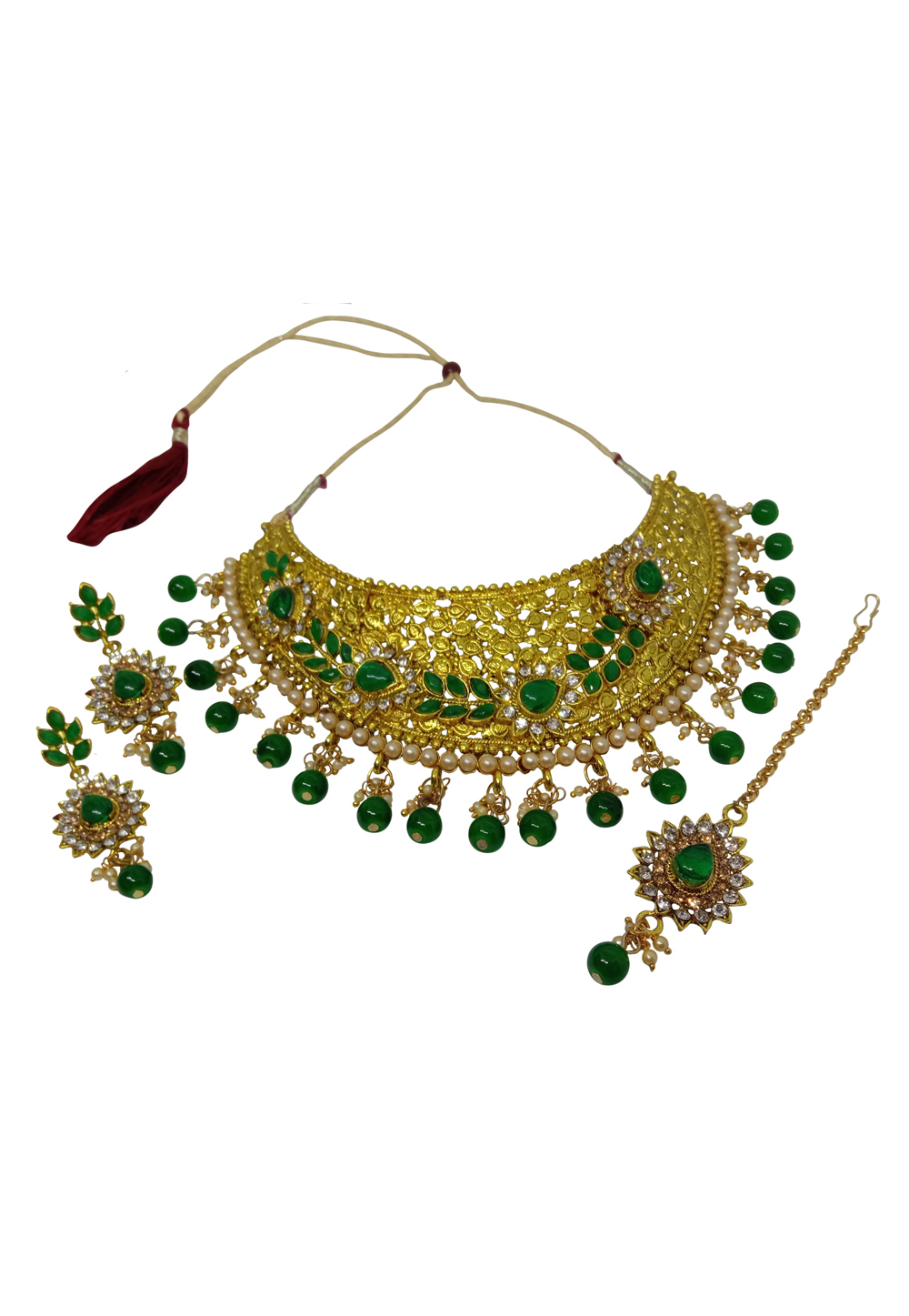 Green Alloy Austrian Diamond Necklace Set With Earrings 237549