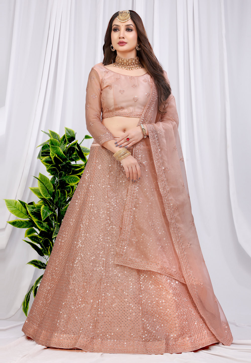 Peach Net A Line Lehenga Choli 269970