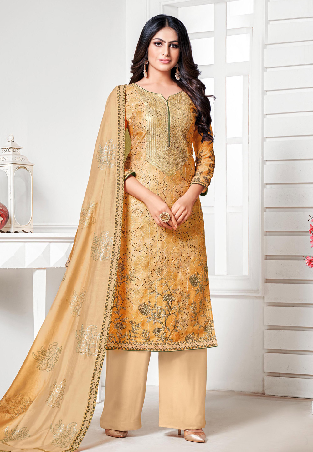 Golden Cotton Silk Palazzo Suit 216994
