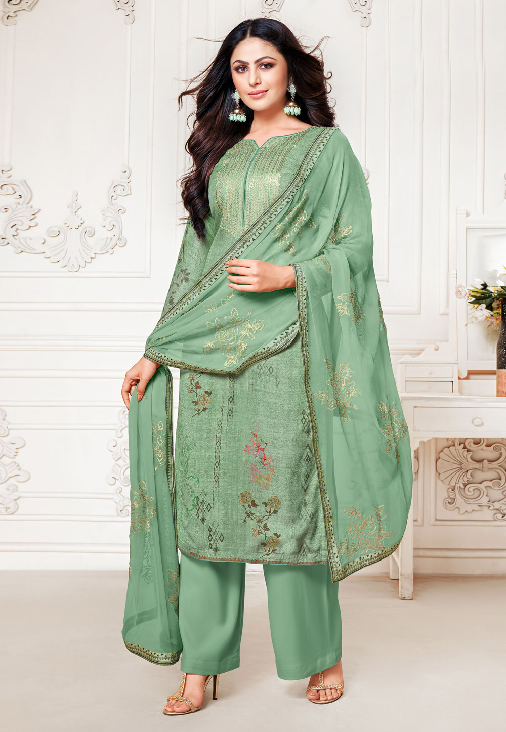 Sea Green Cotton Silk Palazzo Suit 216996