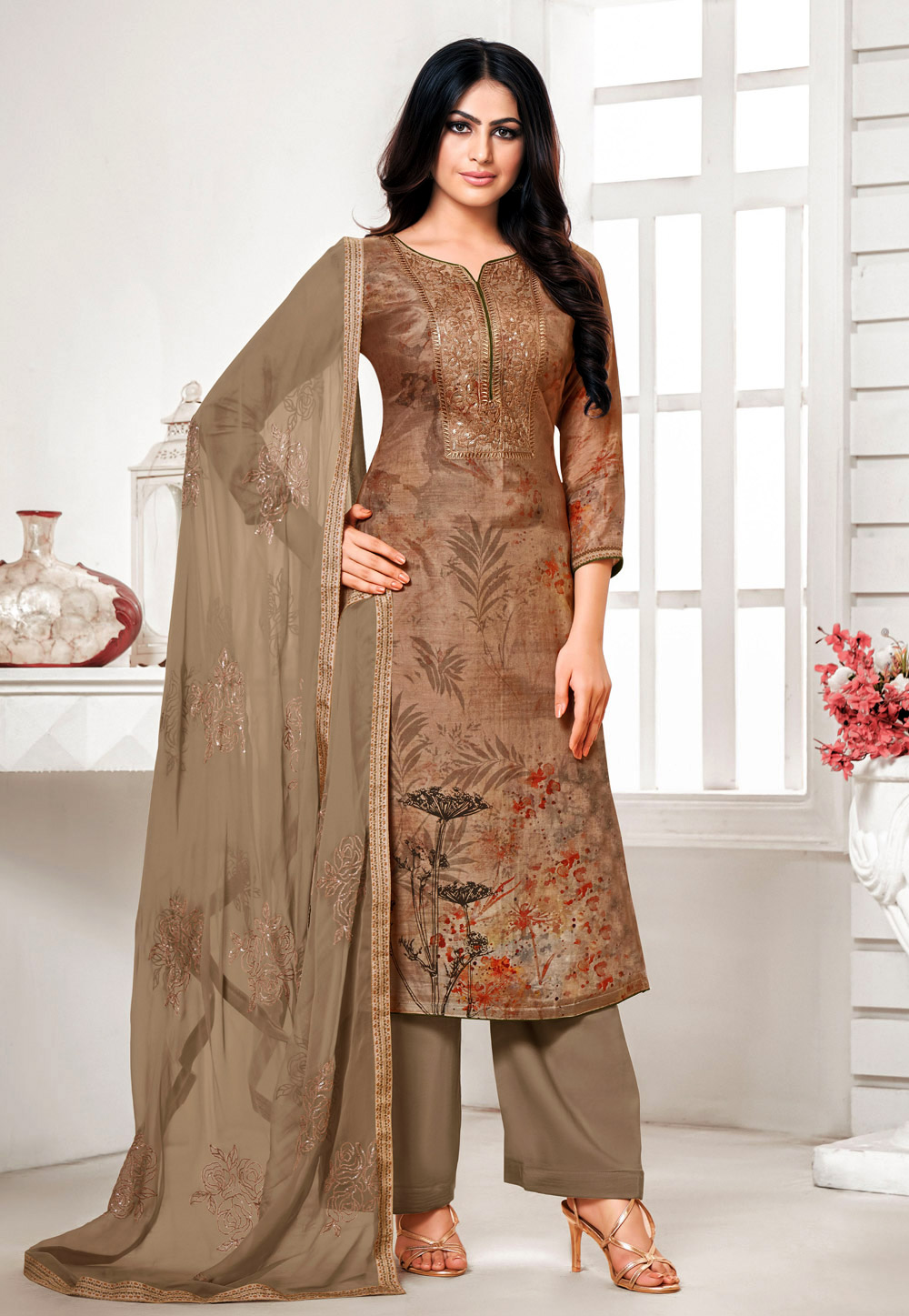 Brown Cotton Silk Palazzo Suit 216998