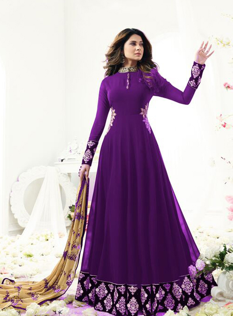 Jennifer Winget Purple Georgette Floor Length Anarkali Suit 104241