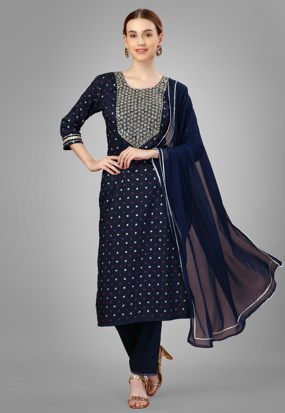 Navy Blue Silk Readymade Pakistani Suit 277635