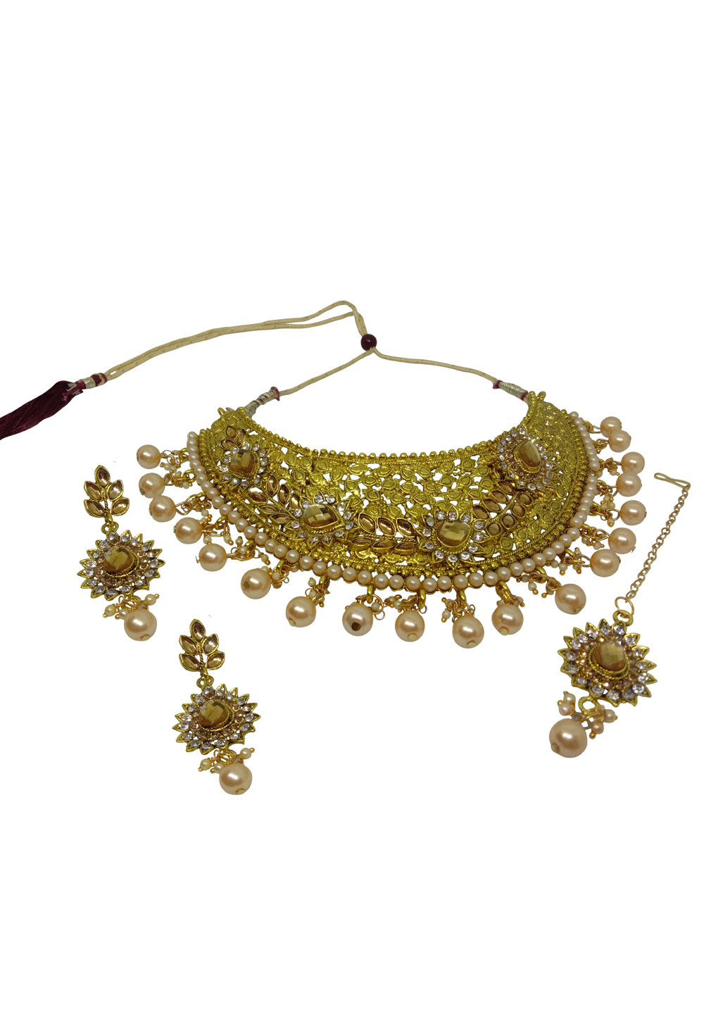 Golden Alloy Austrian Diamond Necklace Set With Earrings 237555