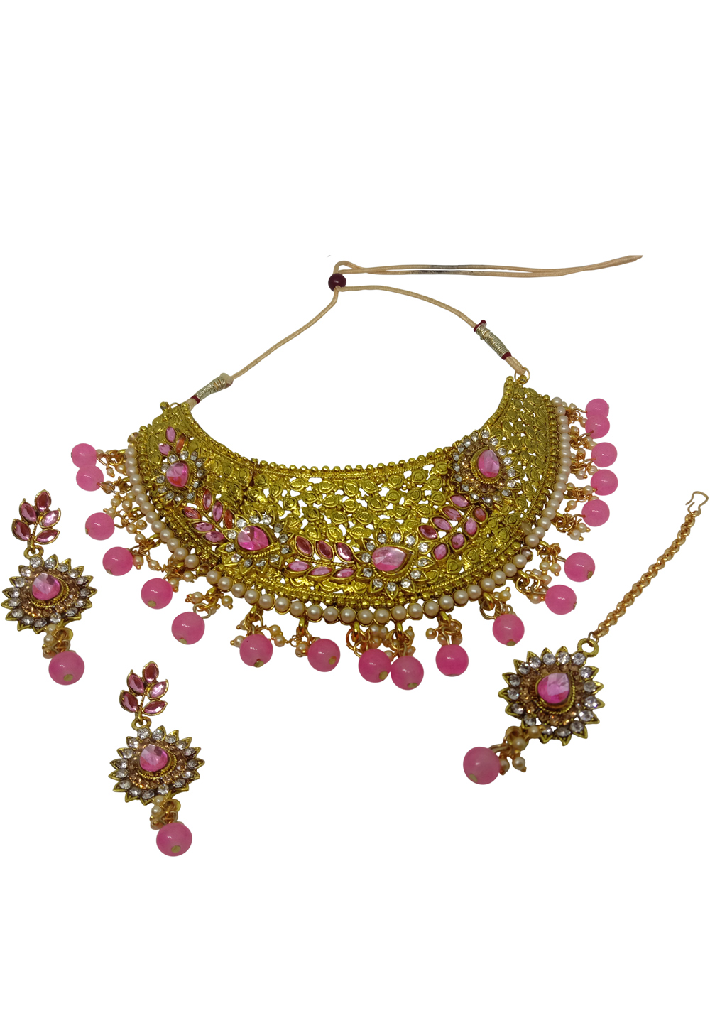 Pink Alloy Austrian Diamond Necklace Set With Earrings 237556