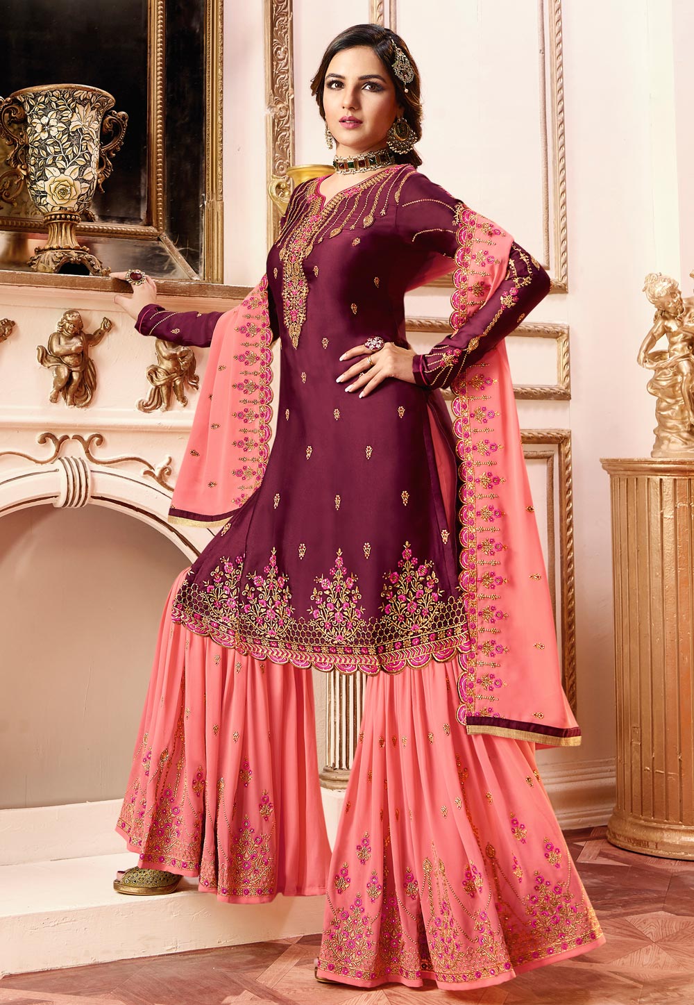 Jasmin Bhasin Purple Satin Embroidered Sharara Suit 164296