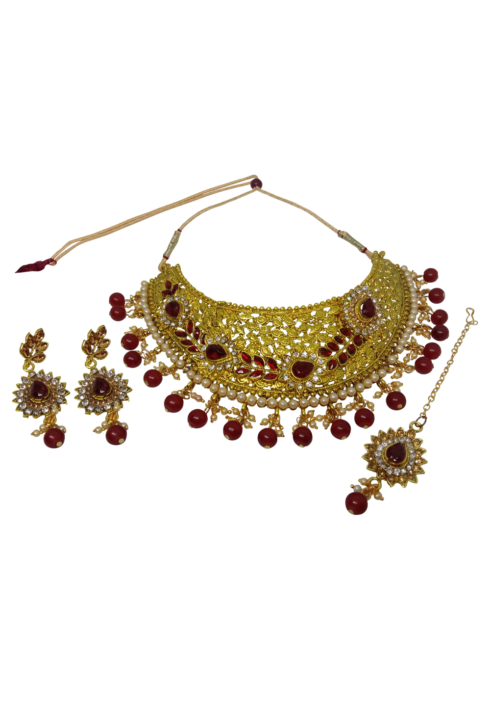 Red Alloy Austrian Diamond Necklace Set With Earrings 237557