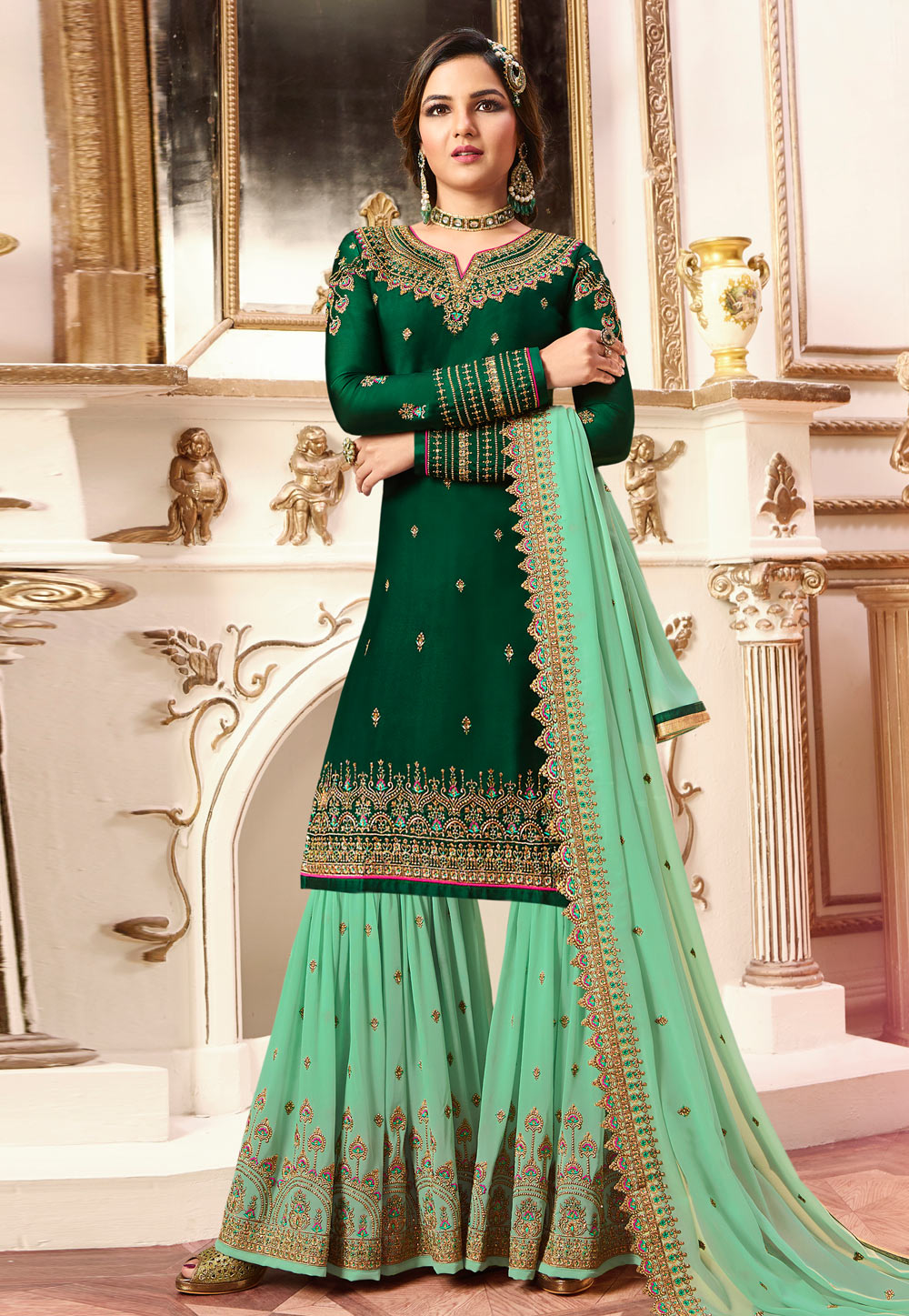 Jasmin Bhasin Green Satin Embroidered Sharara Suit 164299