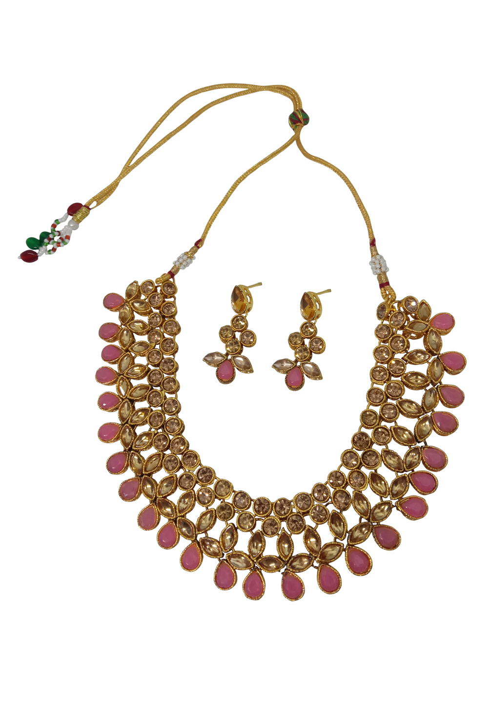 Pink Alloy Austrian Diamond Necklace Set With Earrings 237564