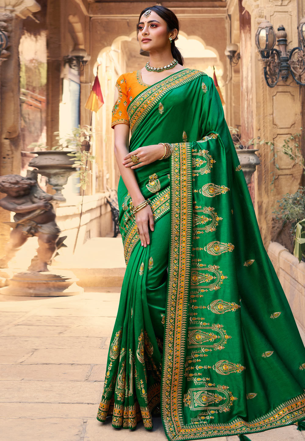 Green Satin Georgette Saree With Blouse 235271