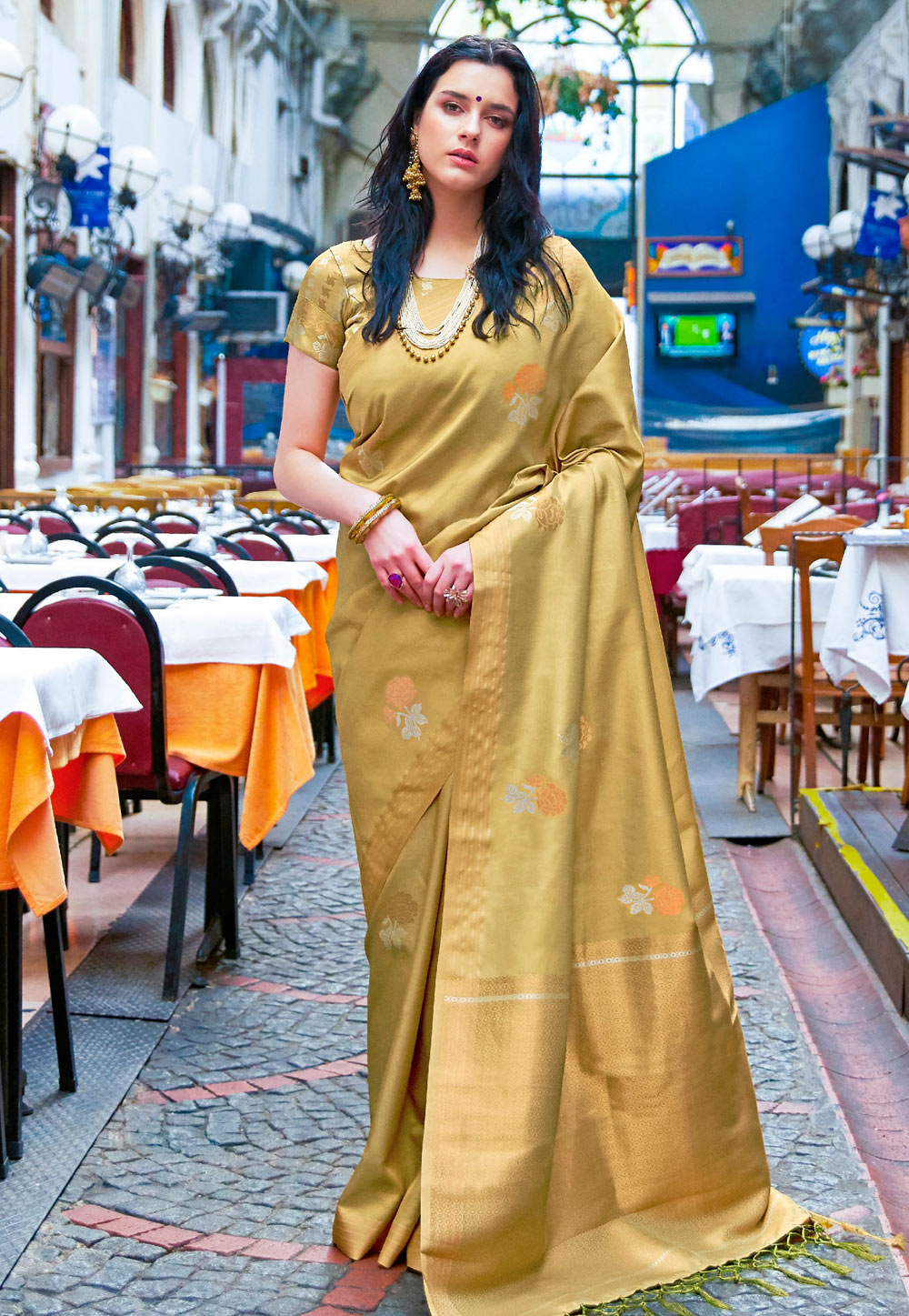 Golden Banarasi Silk Festival Wear Saree 203401