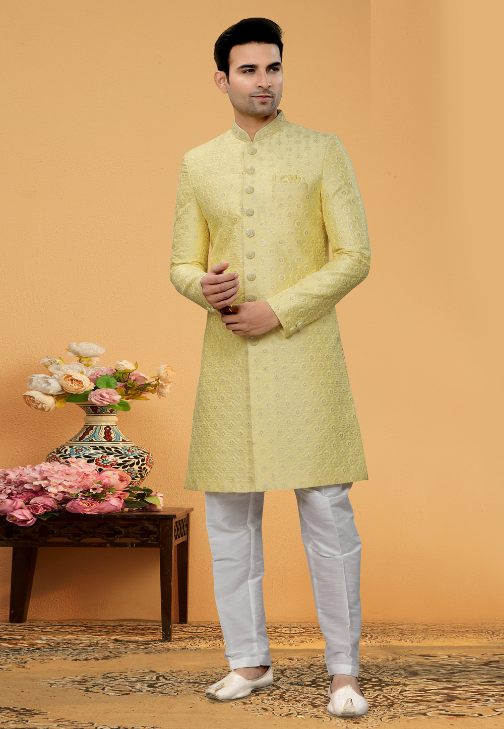 Yellow Art Silk Achkan Style Sherwani 261163