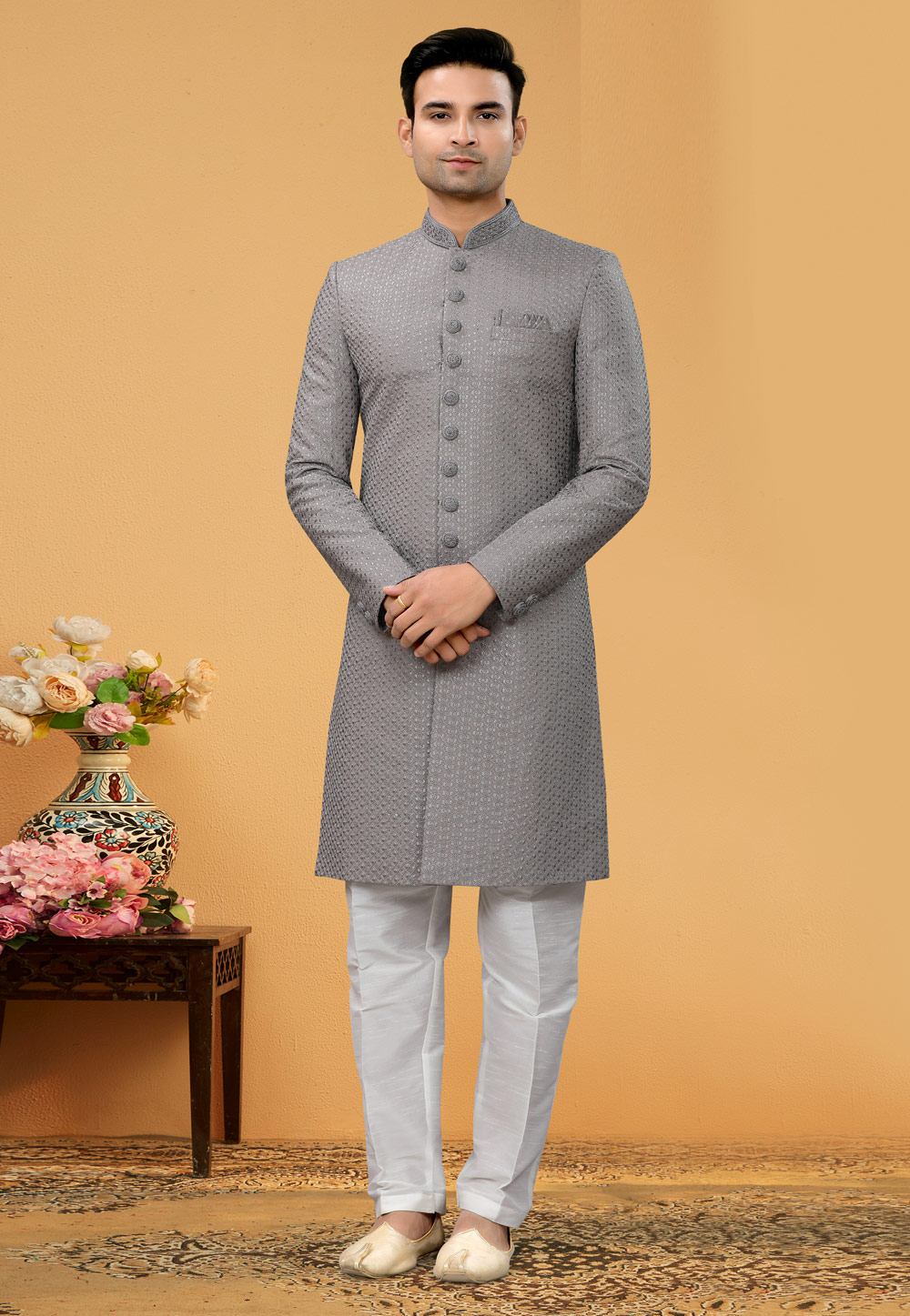 Grey Art Silk Achkan Style Sherwani 261167