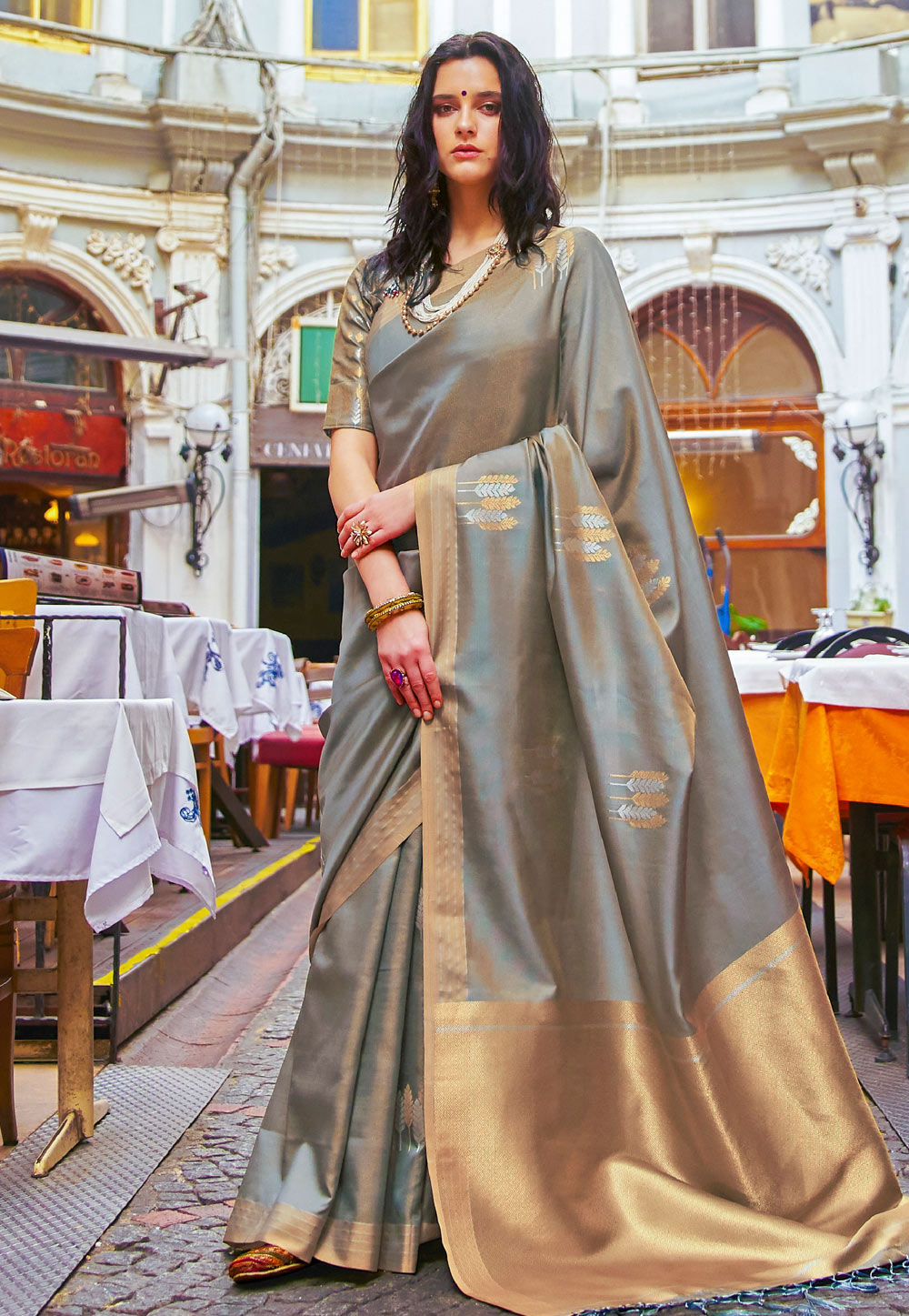 Grey Banarasi Silk Festival Wear Saree 203406
