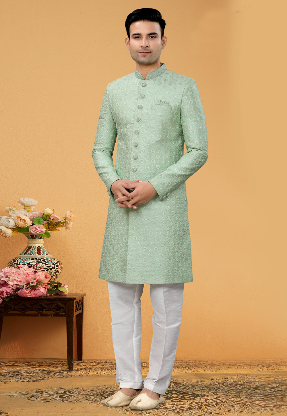 Pista Green Art Silk Achkan Style Sherwani 261168