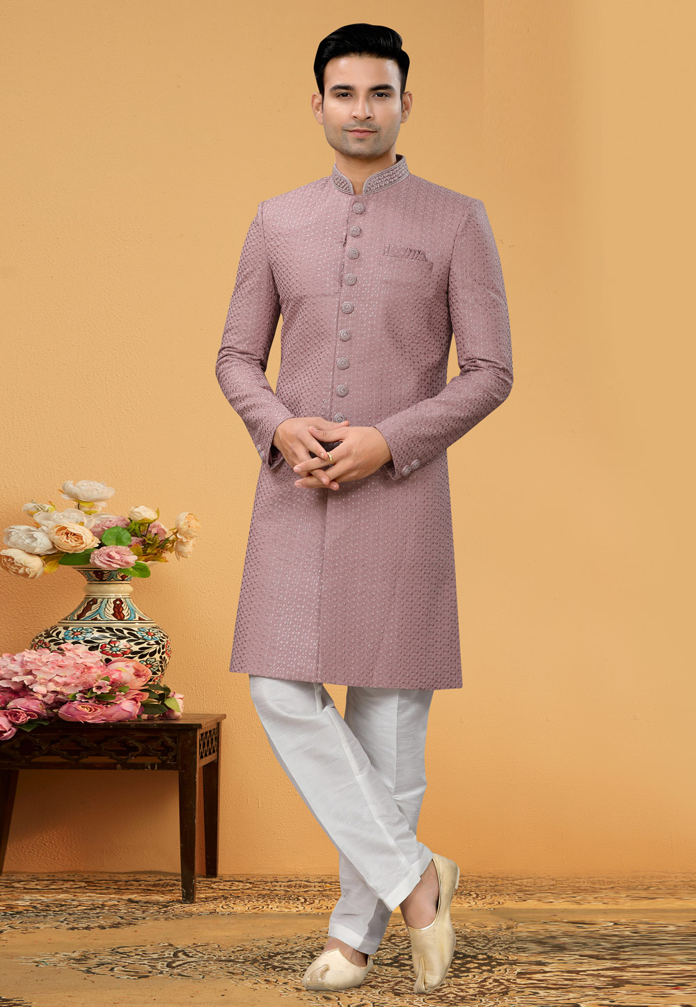 Pink Art Silk Achkan Style Sherwani 261169