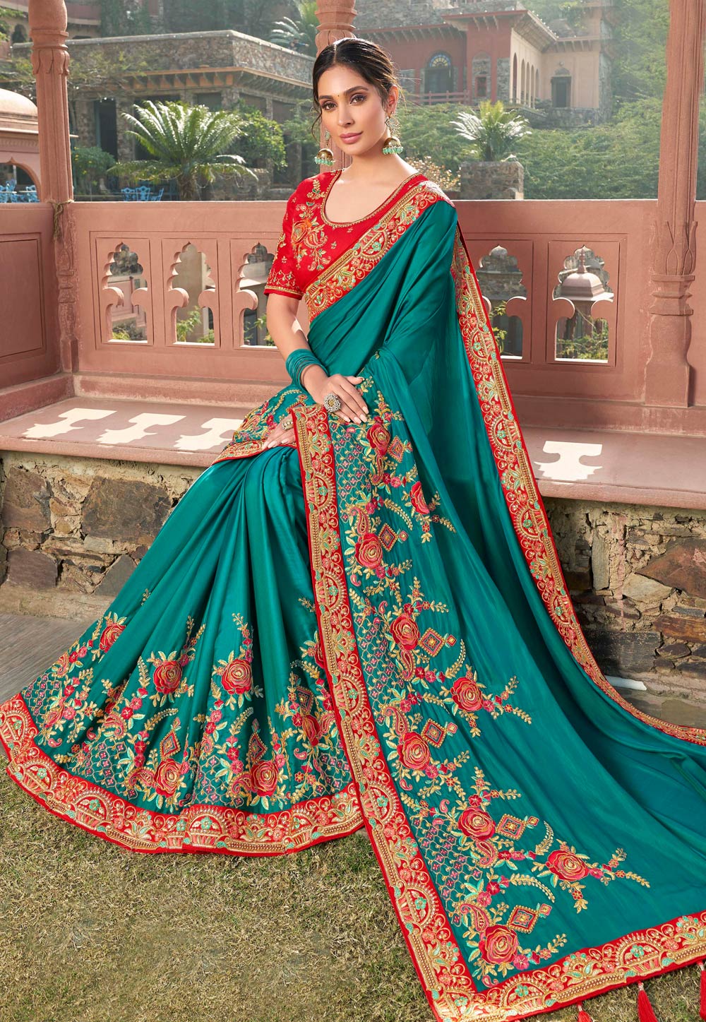 Teal Satin Georgette Saree With Blouse 211984
