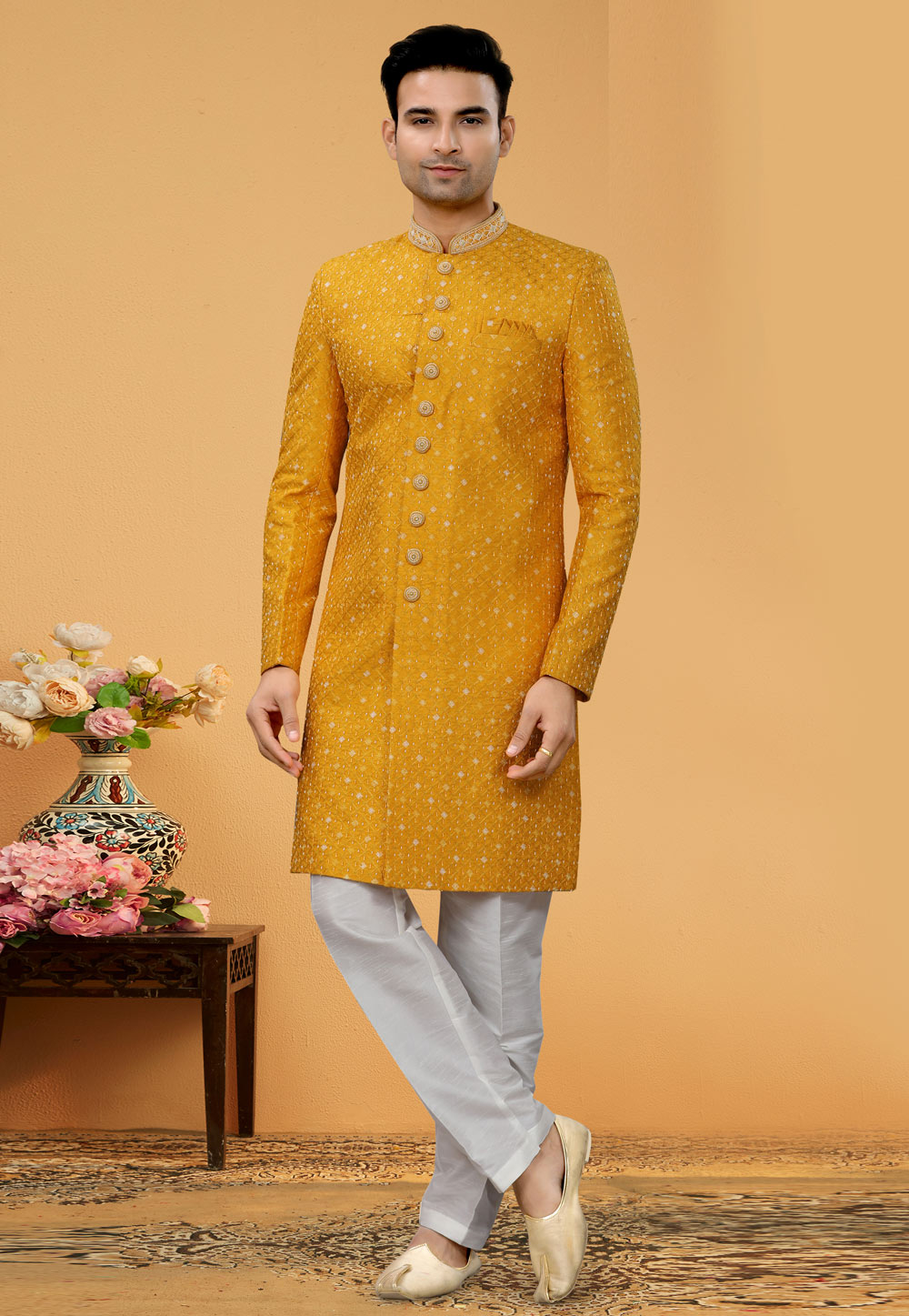 Mustard Art Silk Achkan Style Sherwani 261171