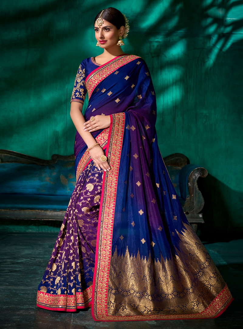 Blue Pure Viscose Saree With Embroidered Blouse 120450