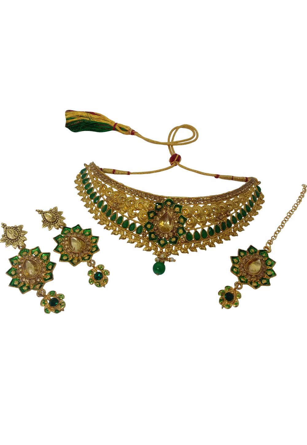 Green Alloy Austrian Diamond Necklace Set With Earrings 237568