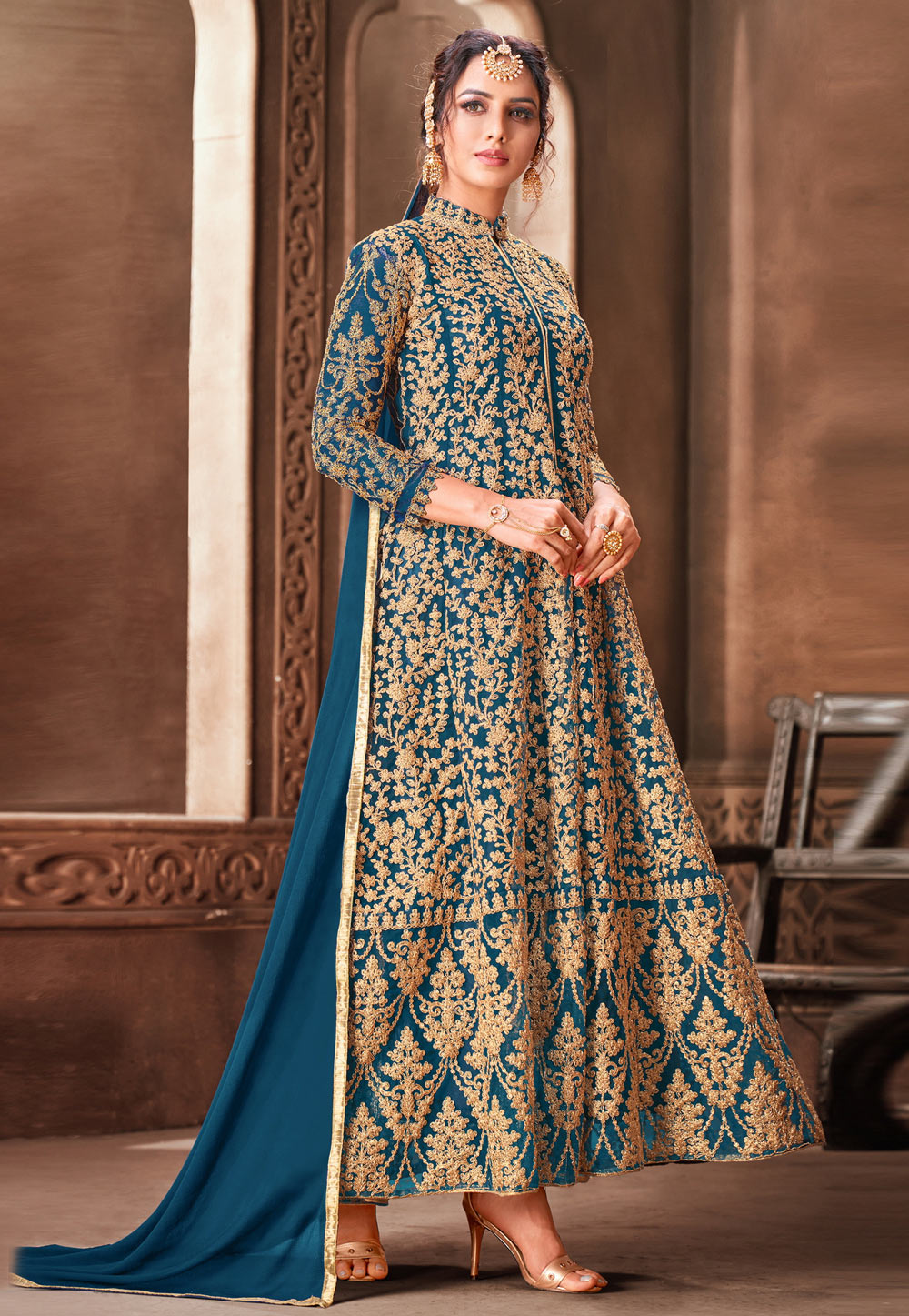 Blue Net Embroidered Pant Style Suit 205513