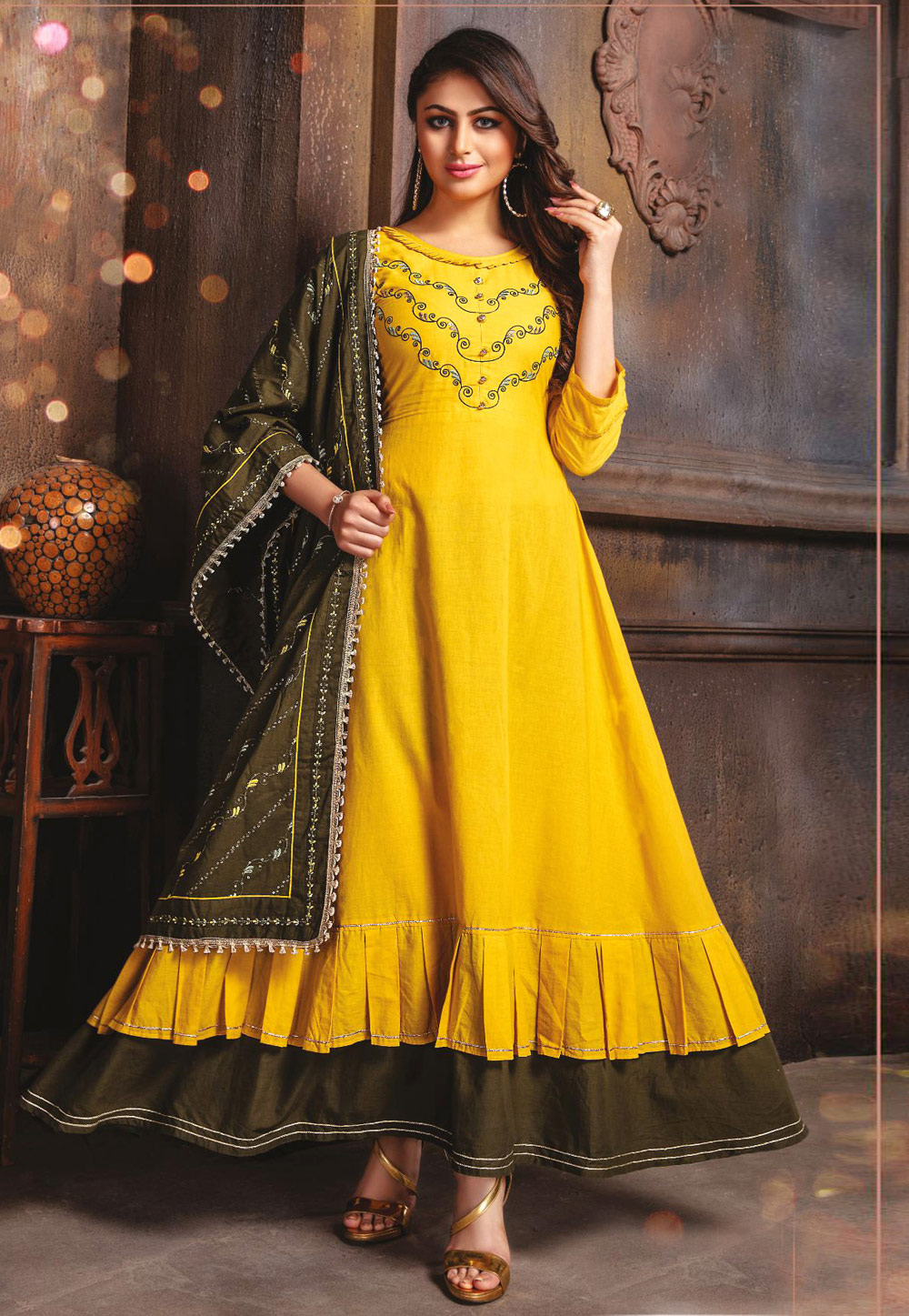 Yellow Cotton Readymade Ankle Length Anarkali Suit 217026
