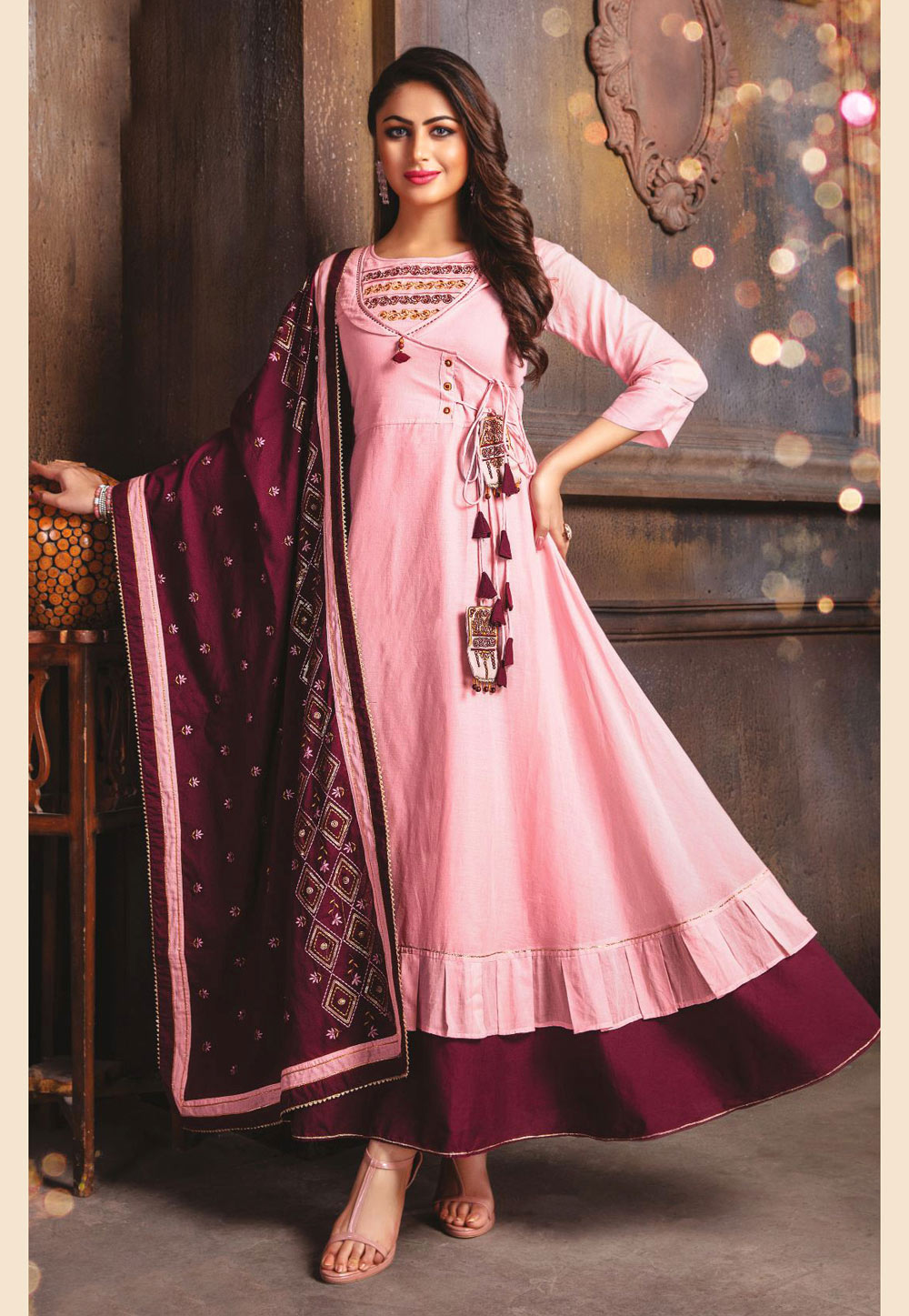 Pink Cotton Readymade Ankle Length Anarkali Suit 217027